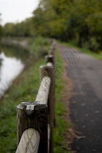 在秋天沿Villoresi运河的滑行道上集中关注栅栏上的木杆意大利阿科纳图片