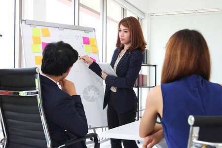 充满自信的亚洲年轻商业女青年向会议室同事解释翻贴图上的战略图片