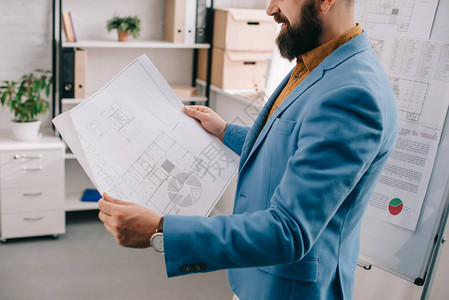 成年男建筑师身穿蓝色正装手持蓝图使用挂图并在办公室从事项图片