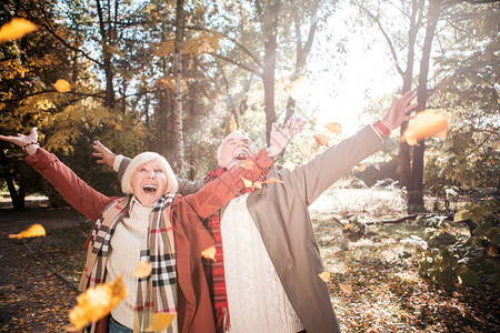 秋天的季节快乐的幸福夫妇在扔秋图片
