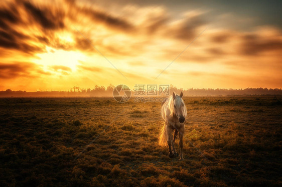 一匹马以日落为背景在镜头前摆姿势图片