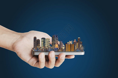 智能技术智能城市创新手持移动智能手机和建造全息图H图片