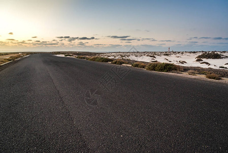 日落时在富埃特文图拉的沙漠公路图片