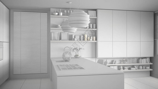 现代有架子和橱柜厨房的白色总项目图片
