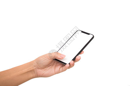 妇女用拇指握住手和触摸空白移动电话屏幕图片