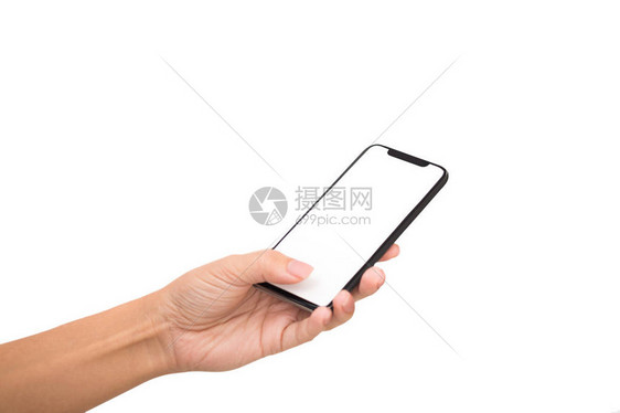 妇女用拇指握住手和触摸空白移动电话屏幕图片