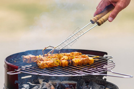 美味的夏日野餐在烧烤鸡肉等BB图片