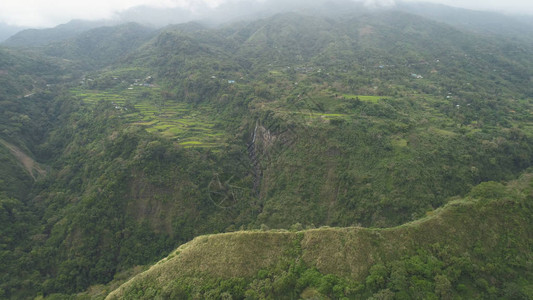 山坡上稻田和农田的鸟瞰图山上覆盖着森林树木瀑布科迪勒拉地区图片