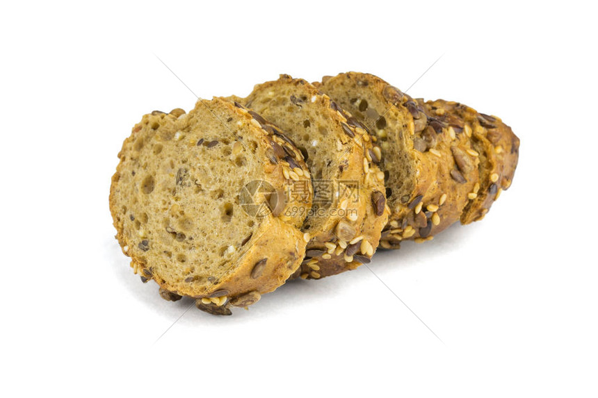 面包片和麦片粗面粉在白色背景中被孤立肉食用粗面图片