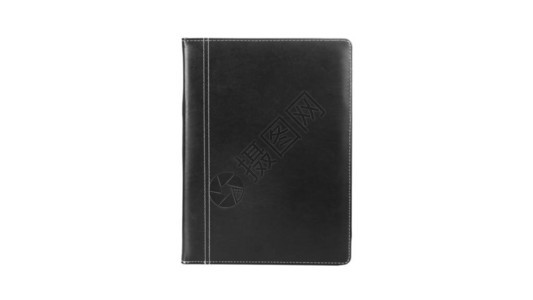 黑色皮革PU议程日记笔本与笔筒隔离在白色背景在文具中图片