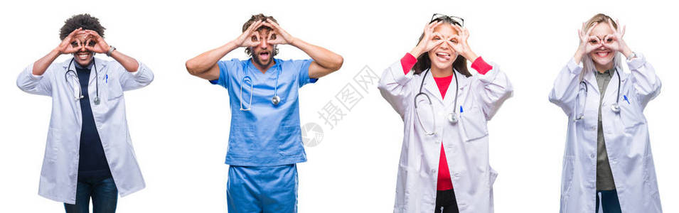 一群医生护士外科医生在孤立的背景下做着很好的手势图片