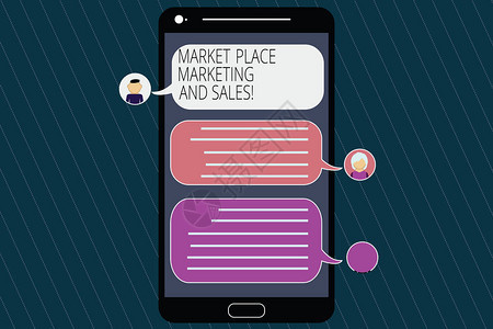 概念手写显示市场营销和售展示在线现代购物买移动信使屏幕与聊天头和语音气图片
