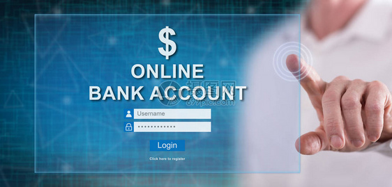 男人用手指触摸在线银行账户网站的触图片