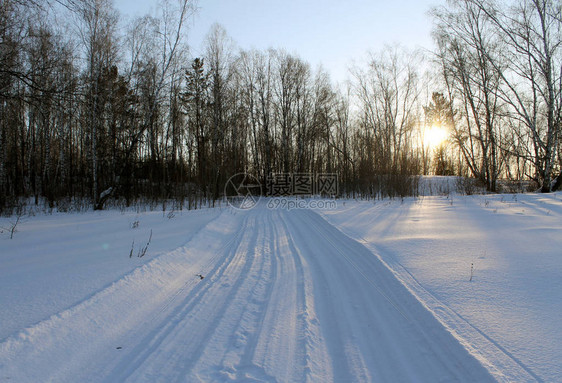 冬季景观白雪皑的森林中的霜冻树木在美妙的冬季森林中的道路日落时美图片