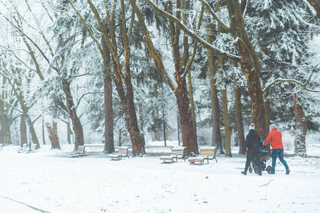 年轻家庭在冬季公园走过冬季公园带图片
