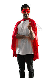 戴着面罩和红色披风的超级英雄男子在孤立的白色背图片