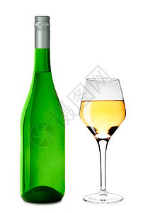 白葡萄酒杯和酒瓶隔离背景图片