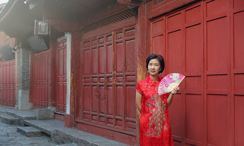 云南野生菌日南李江旧城中华传统服装女旅游者背景