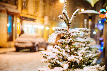晚上在市区街道上被雪覆盖的fi图片