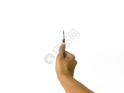 一只手握着一支非常锋利的铅笔的人用他的拇指在孤立图片