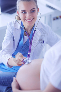 年轻女医生在诊所检查孕妇背景图片