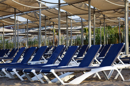 沙滩上有雨伞的太阳休息者图片