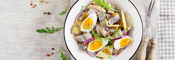 咸鲱鱼片新鲜苹果红洋葱和的传统沙拉犹太食品斯堪的纳维亚美食顶视图图片