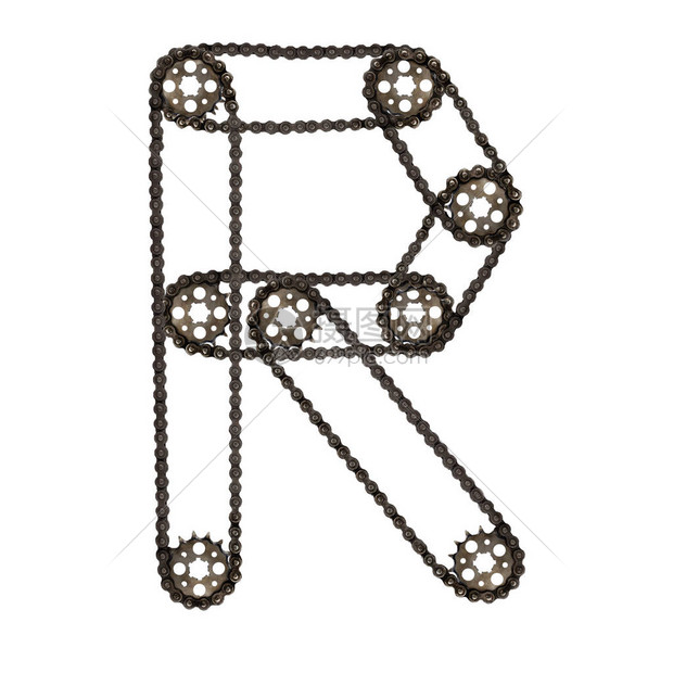 蒸汽朋克字母体母R从链齿轮机械硬件零的排版字符拼贴用于自行车轮电机维修或工厂生产或其他行图片