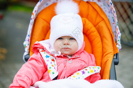 可爱的小漂亮女婴在秋日坐在婴儿车或婴儿车里快乐健康的孩子穿着暖和的衣服在新鲜空气中散步黄色秋天枫树的婴儿穿着五图片