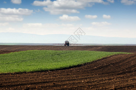 春季农业乡村景观中的拖拉机喷药田图片