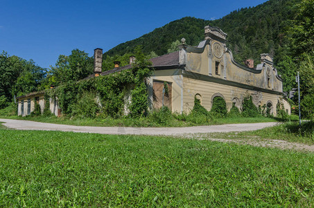 一个老铸造厂的杂草丛生的建筑背景图片