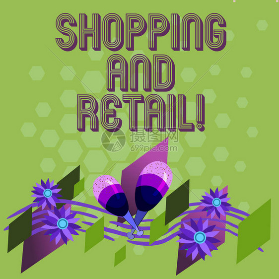 显示购物和零售的文字符号通常由零售商彩色乐器马拉卡斯手工花和弯曲音乐人员拥有和经营的概念图片