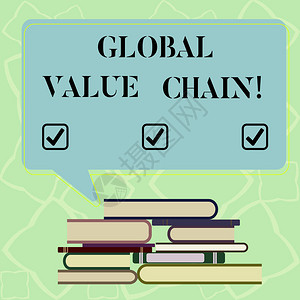 文字书写文本全球价值链展示参与生产商品或服务的活动的商业概念不均匀堆的精装书籍和空白矩形图片