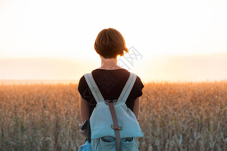 女在田野的夜晚阳光下站立着的女人数图片