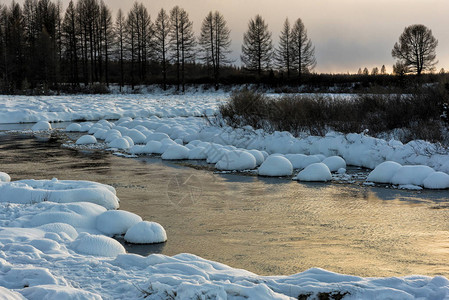 冬季风景在日落的一条河边图片