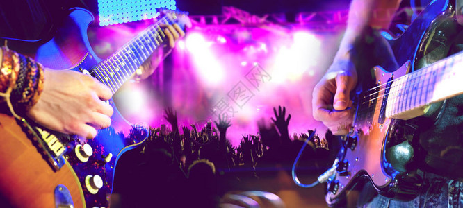 现场音乐和音乐会吉他手和鼓手夜间娱乐和节日活动舞台上的音乐表演娱图片