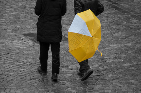 城市中用黄色雨伞在椰子上挂图片