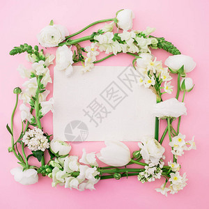 花朵背景粉红色背景的白花和纸贴卡平面图片