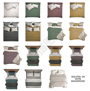 一套15张现代单色和彩色床单人床和双人床枕头床头板和毯子图片