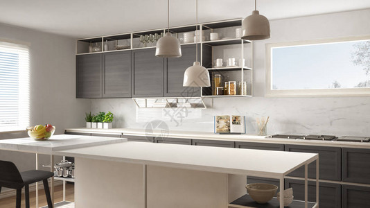 现代白色和灰色厨房配有木质细节和镶木地板现代吊灯简约的室内设计理念带凳子图片