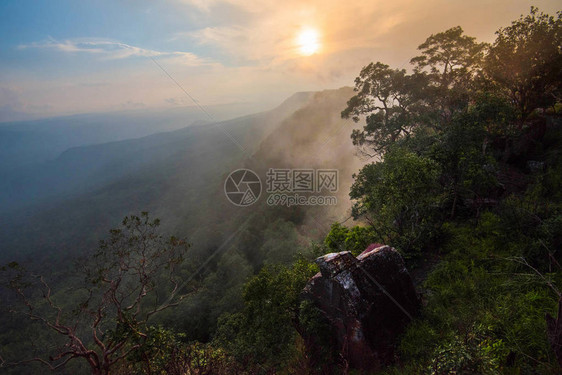 美妙的日出山地貌清晨在山顶风景丛林和悬崖热带森林上雾薄黄蓝天空图片