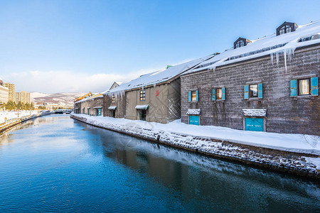 日本北海道冬季和雪季的大田运河风景美图片