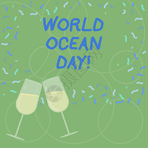 文字书写文本世界海洋日全球庆祝大型咸水酒杯庆祝活动的商业理念与散落的图片