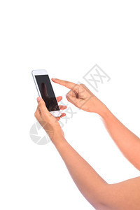 妇女手持和触摸智能手机与空白屏幕隔图片