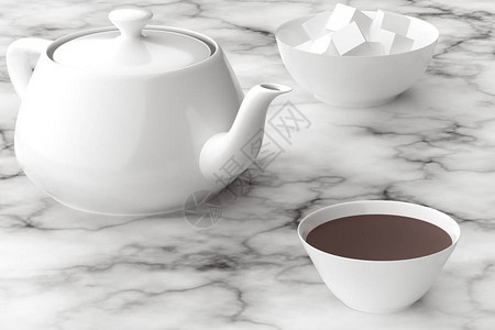 茶壶和糖旁边的一杯浓茶图片