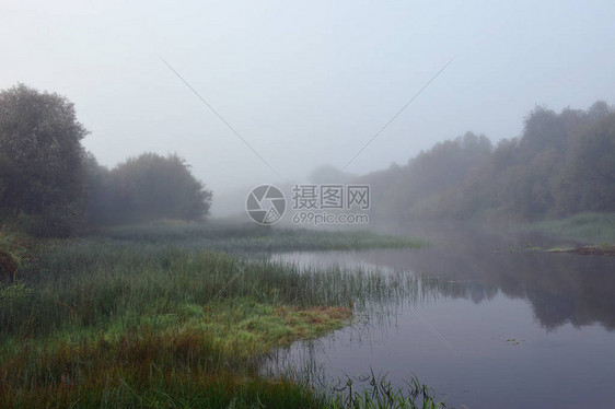 初秋的早晨浓雾笼罩着河面图片
