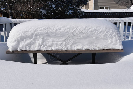 在户外甲板野餐桌顶上雕塑雪的棺材图片