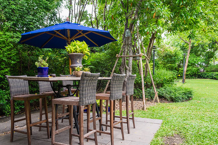花园后院带蓝伞的桌椅图片