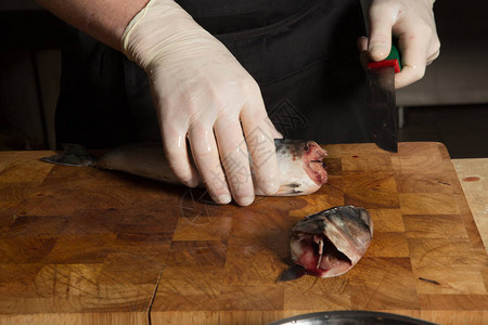 厨师手戴套用刀在木砧板上切下鲭鱼的头图片