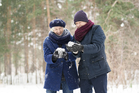 在冬季森林中举着几小堆雪图片